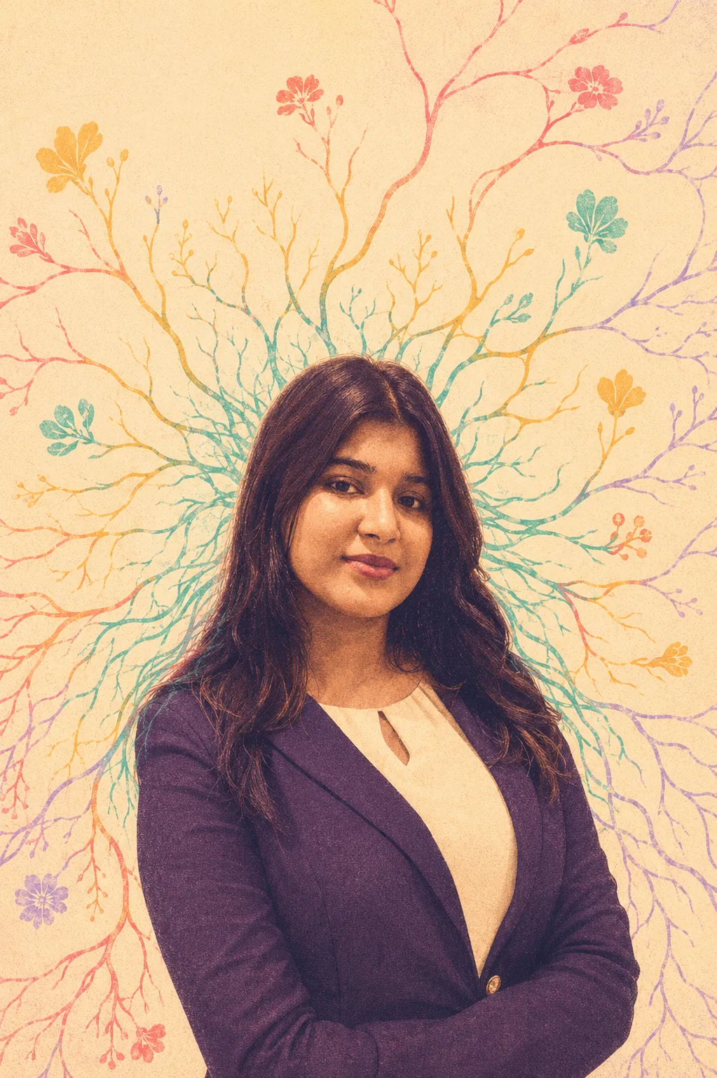 Illustrated portrait of Pari Goyal with a root system spreading outward behind her