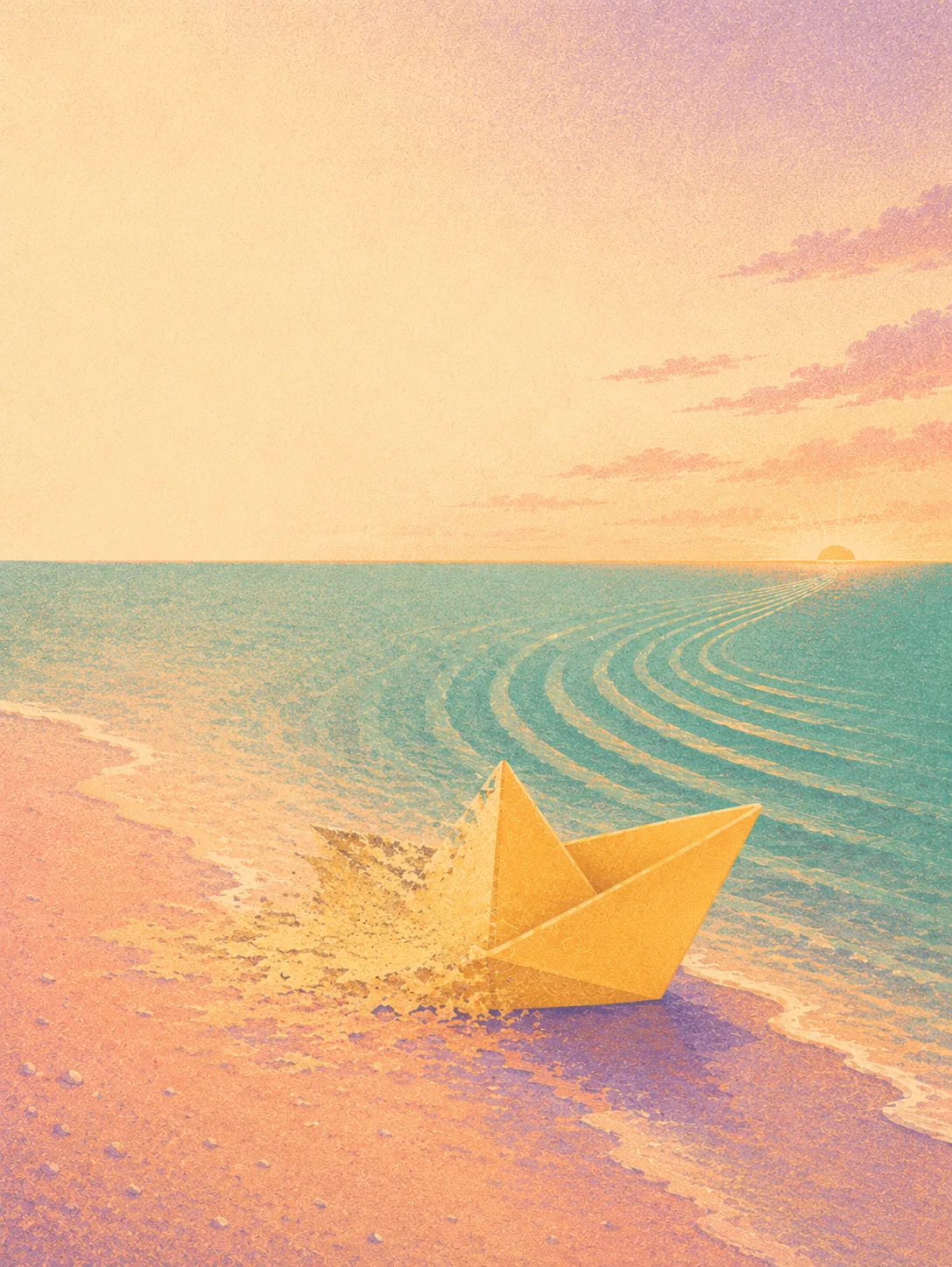 A small paper boat at the tideline, partly dissolving into the sand with ripples trailing behind it